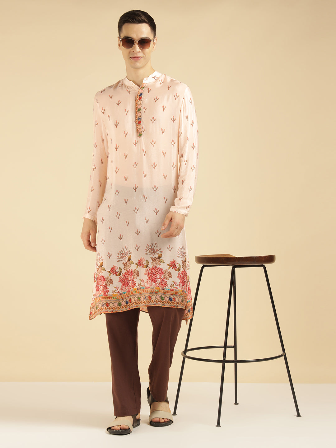 Off White Motif With Border Printed Ethnic Kurta For Men