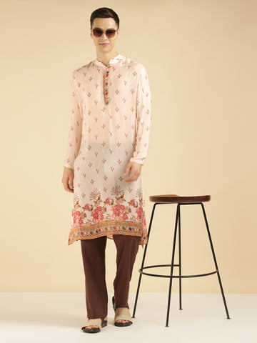 Off White Motif With Border Printed Ethnic Kurta For Men