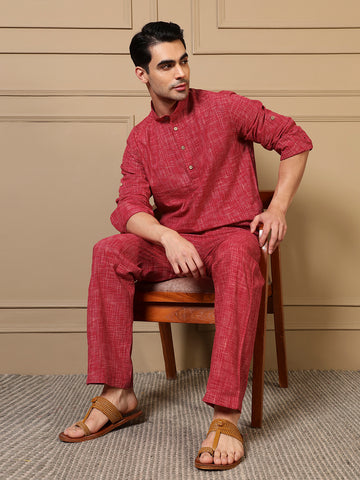 Red Textured Kurta With Pant Men Co-ord Set