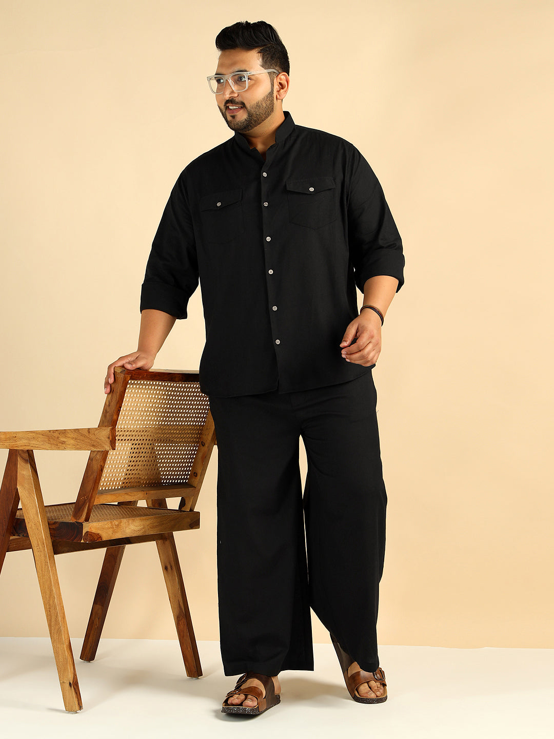 Black Solid Colour Pure Cotton Plus Size Co-Ord Set For Men