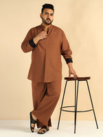 Tan Brown Solid Colour Pure Cotton Plus Size Co-Ord Set For Men