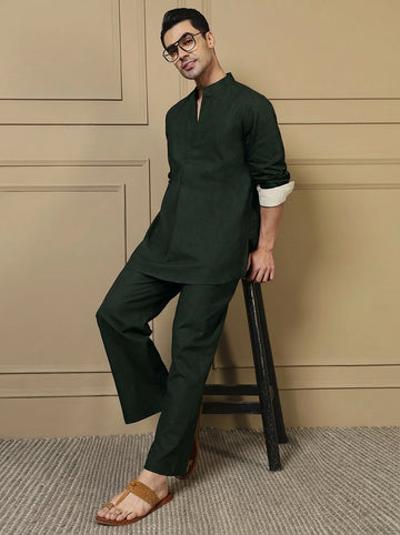 Charcoal Green Solid Pure Cotton Shirt With Pants Co-Ord Set For Men