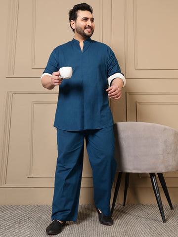 Teal Blue Cotton Kurta With Pant Men Plus Size Co-ord Set
