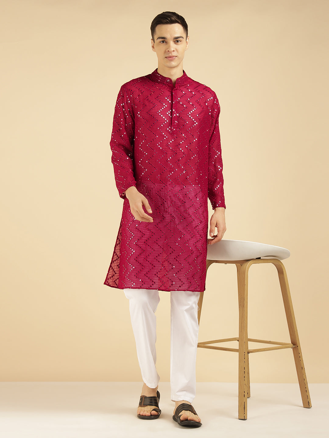 Magenta Embroidered ZigZag Ethnic Kurta For Men
