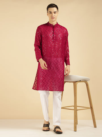 Magenta Embroidered ZigZag Ethnic Kurta For Men