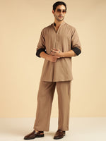 Beige Solid Pure Cotton Shirt With Pants Co-Ord Set For Men