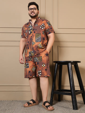 Brown Abstract Printed Shirt With Shorts Men Plus Size Co-ord Set
