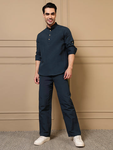 Navy Blue Cotton Kurta With Pant Men Co-ord Set