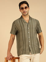 Olive Green Striped Men Casual Shirt