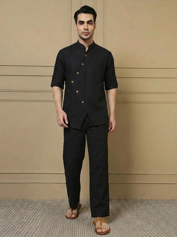 Black Angrakha Style Kurta With Pants Mens Co-ord Set