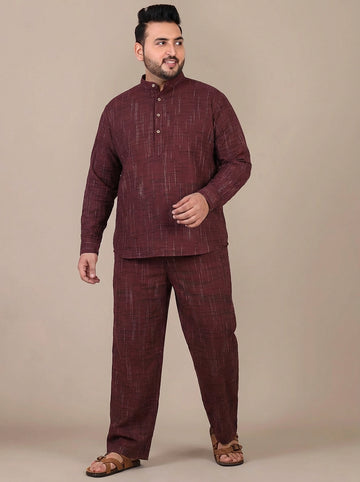 Pure Cotton Maroon Mandarin Collar Plus Size Co-Ord Set For Men