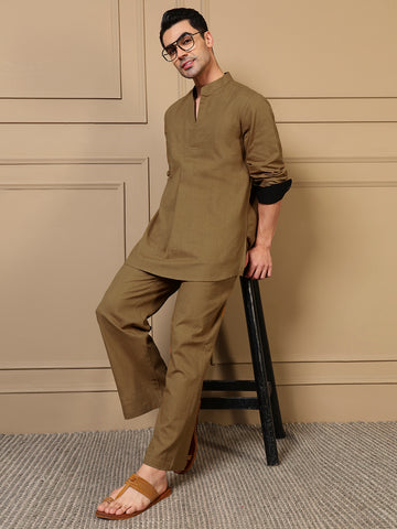 Beige Cotton Pleated Kurta With Pant Men Co-ord Set