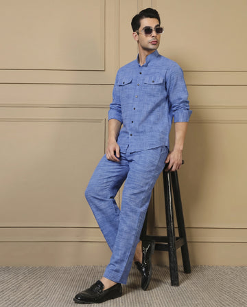 Cotton Sky Blue Blue Textured Kurta With Pant Men Co-ord Set