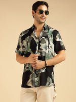 Black Abstract Printed Pure Rayon Men Casual Shirt