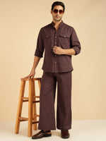 Brown Solid Pure Cotton Shirt With Pants Co-Ord Set For Men
