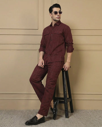 Cotton Maroon Blue Textured Kurta With Pant Men Co-ord Set