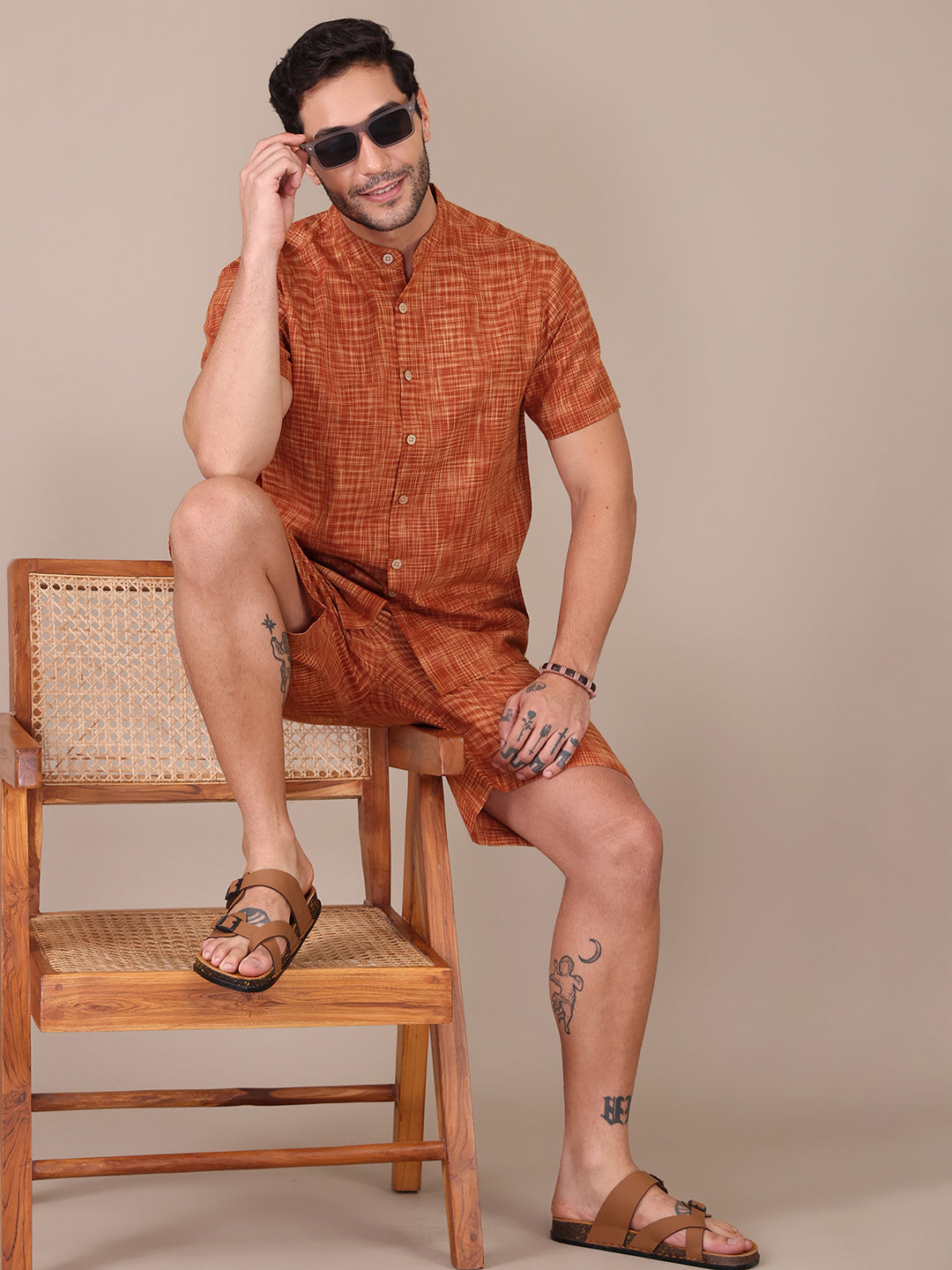 Pure Khadi Tan Brown Co-Ord Set For Men