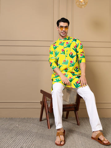 Lemon Yellow Floral Bota Printed Men Kurta