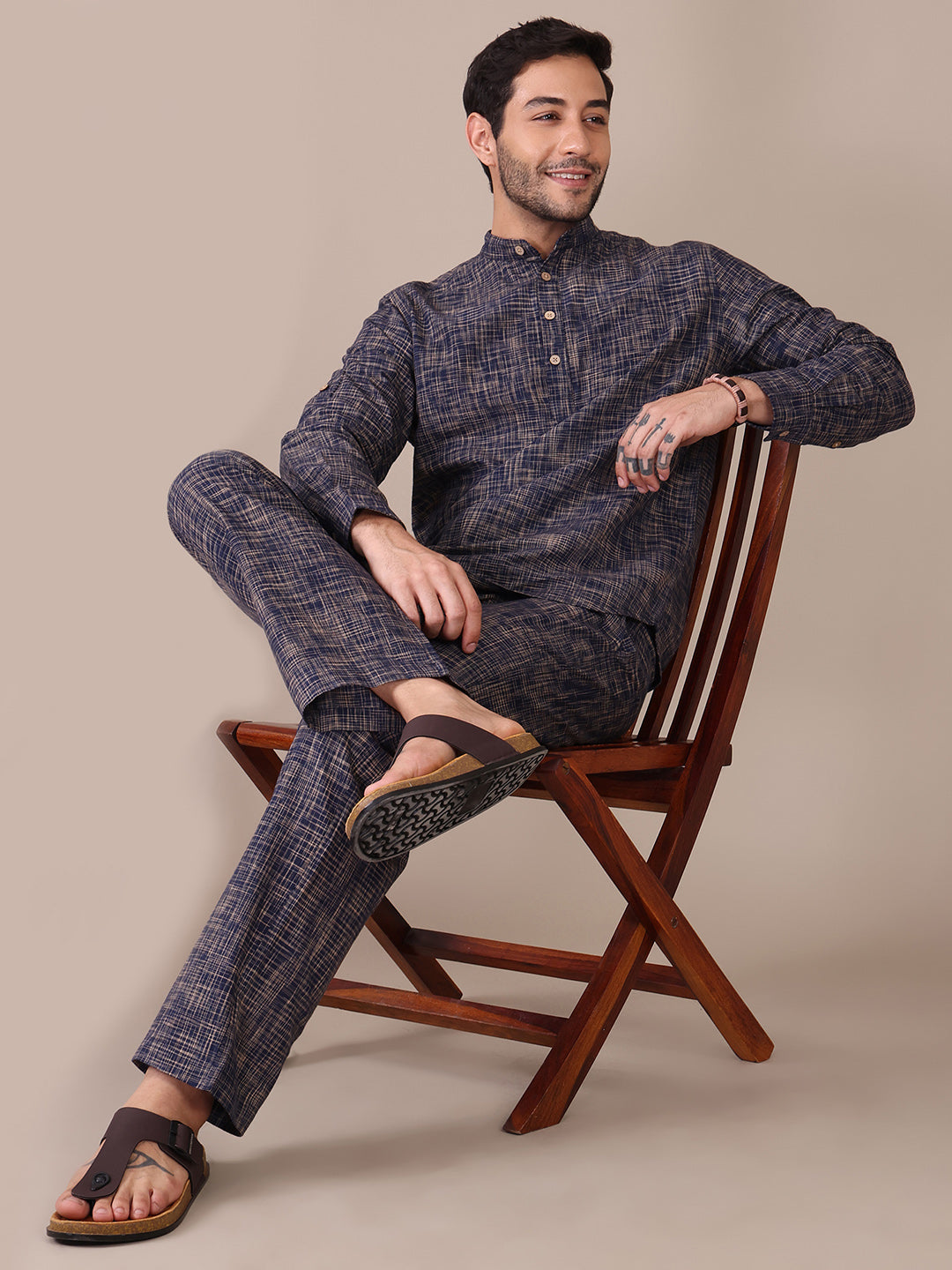 Pure Khadi Navy Blue Mandarin Collar Co-Ord Set For Men