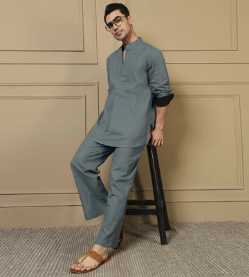 Grey Solid Pure Cotton Shirt With Pants Co-Ord Set For Men