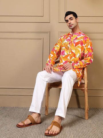 Multicolor Leaf Printed Men Kurta