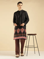 Black Ikkat Border Print Ethnic Kurta For Men