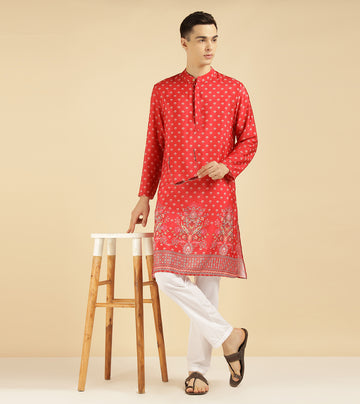 Red Motif With Border Printed Ethnic Kurta For Men