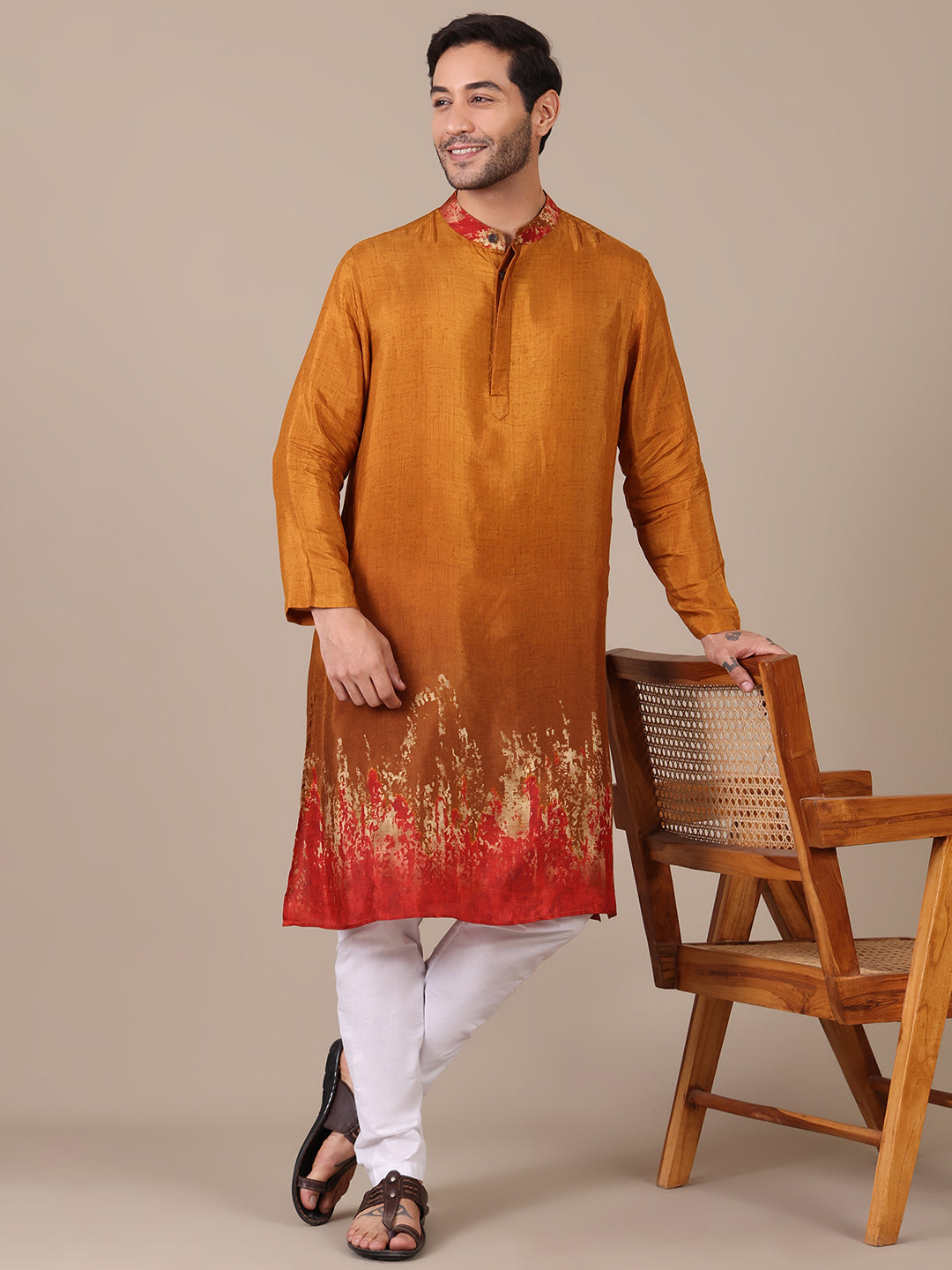 Mustard Tie Dye Pure Muslin Collared Kurta For Men