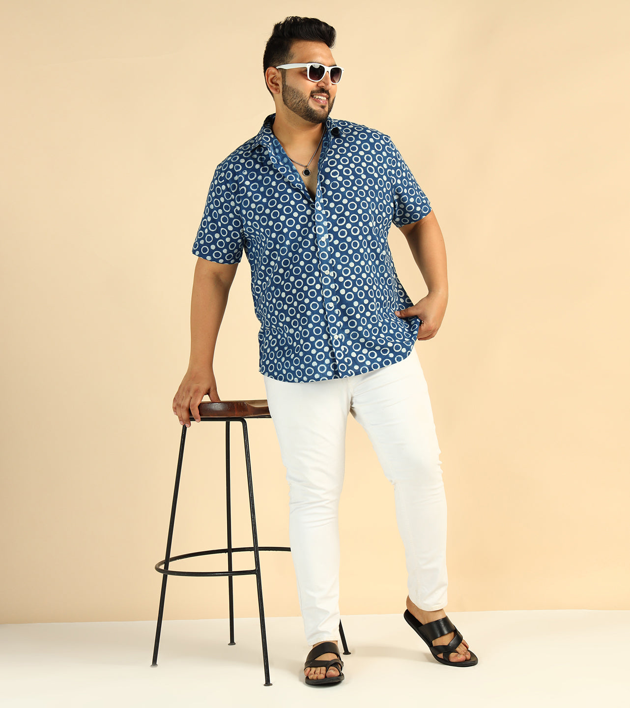 Cotton Circle Printed Plus Size Casual Indigo Men Shirt