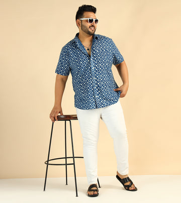 Cotton Circle Printed Plus Size Casual Indigo Men Shirt