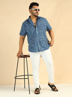 Cotton Circle Printed Plus Size Casual Indigo Men Shirt