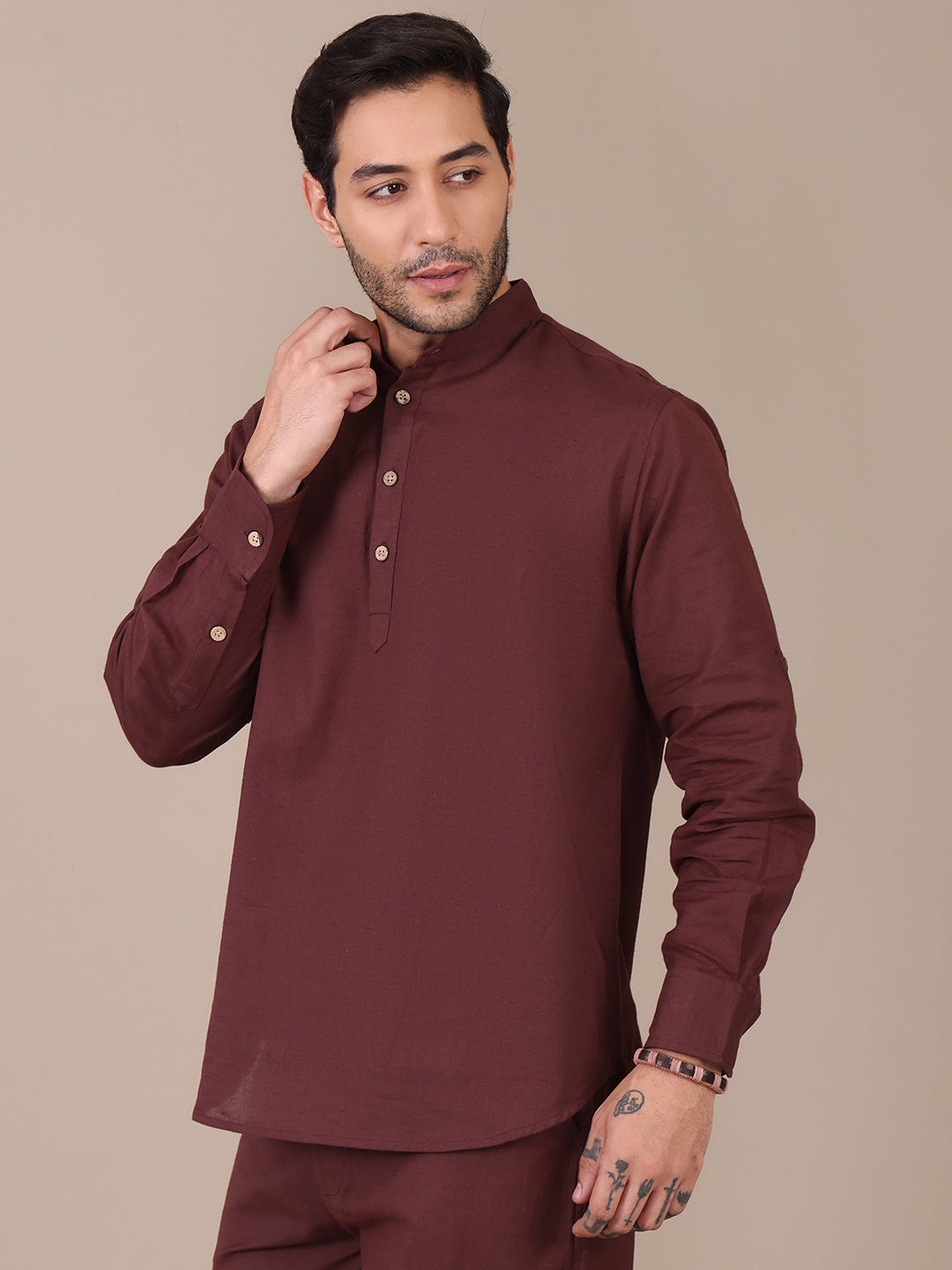 Pure Cotton Brown Mandarin Collar Kurta For Men