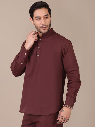 Pure Cotton Brown Mandarin Collar Kurta For Men