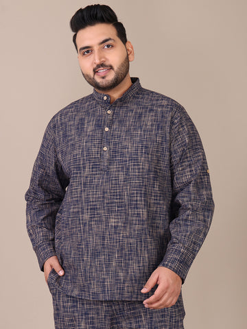 Handloom Cotton Navy Blue Mandarin Collar Plus Size Kurta For Men
