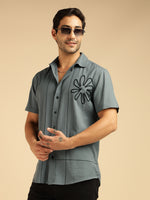 Grey Embroidered Pure Cotton Men Casual Shirt