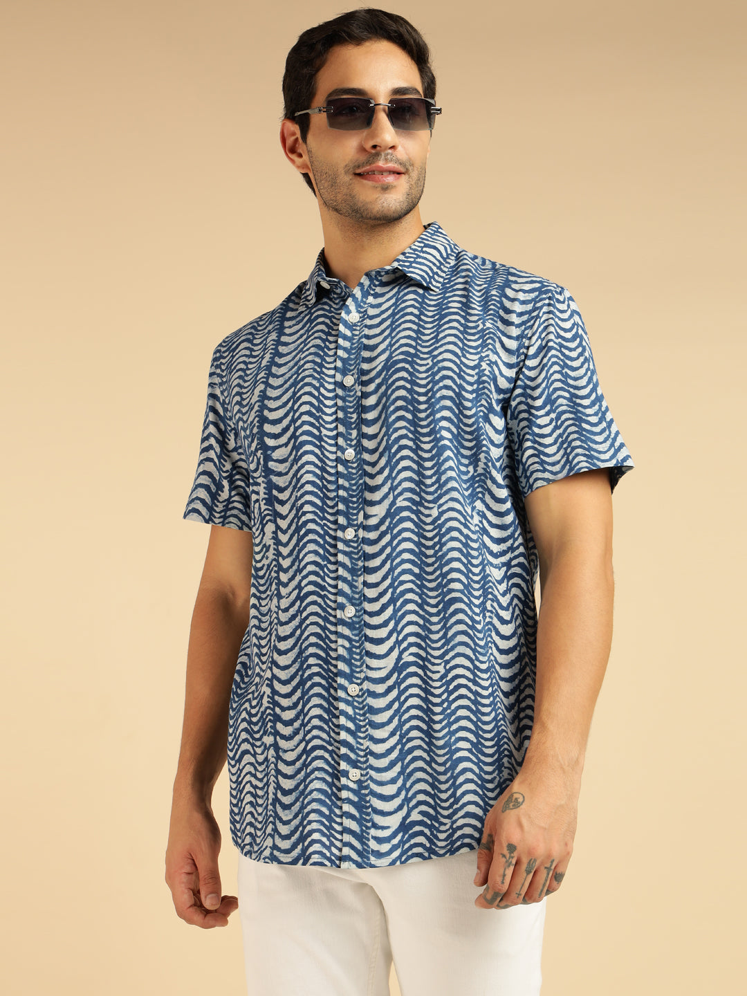 Indigo Pure Cotton Wave Printed Men Casual Shirt