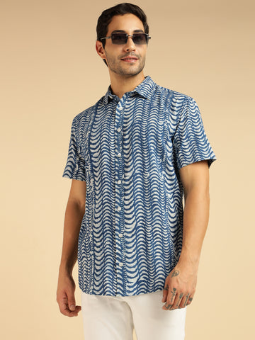 Indigo Pure Cotton Wave Printed Men Casual Shirt