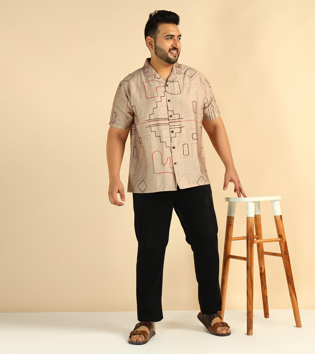 Beige Geometrical Plus Size Casual Men Shirt