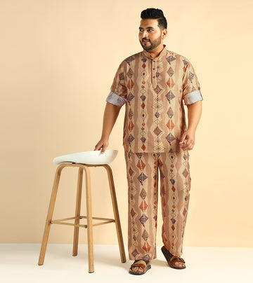 Dark Beige Geometrical Printed Men Plus Size Co-Ord Set