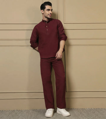 Maroon Cotton Kurta With Pant Men Co-ord Set
