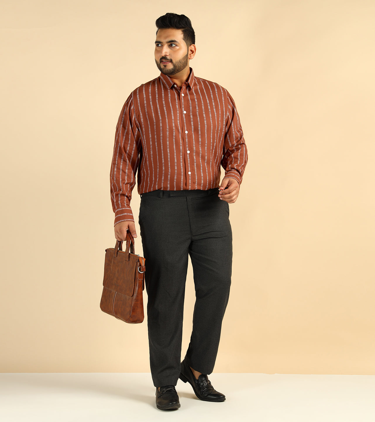 Tan Brown Striped Plus Size Formal Men Shirt