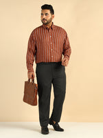 Tan Brown Striped Plus Size Formal Men Shirt