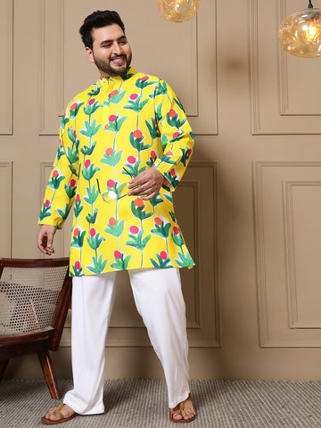 Lemon Yellow Floral Bota Printed Men Plus Size Kurta