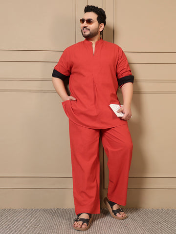 Red Orange Cotton Pleated Kurta With Pant Men Plus Size Co-ord Set
