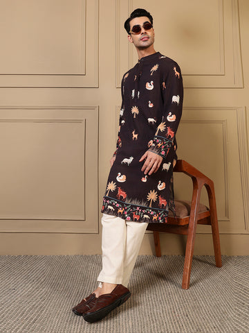 Black Animal Border Printed Men Kurta