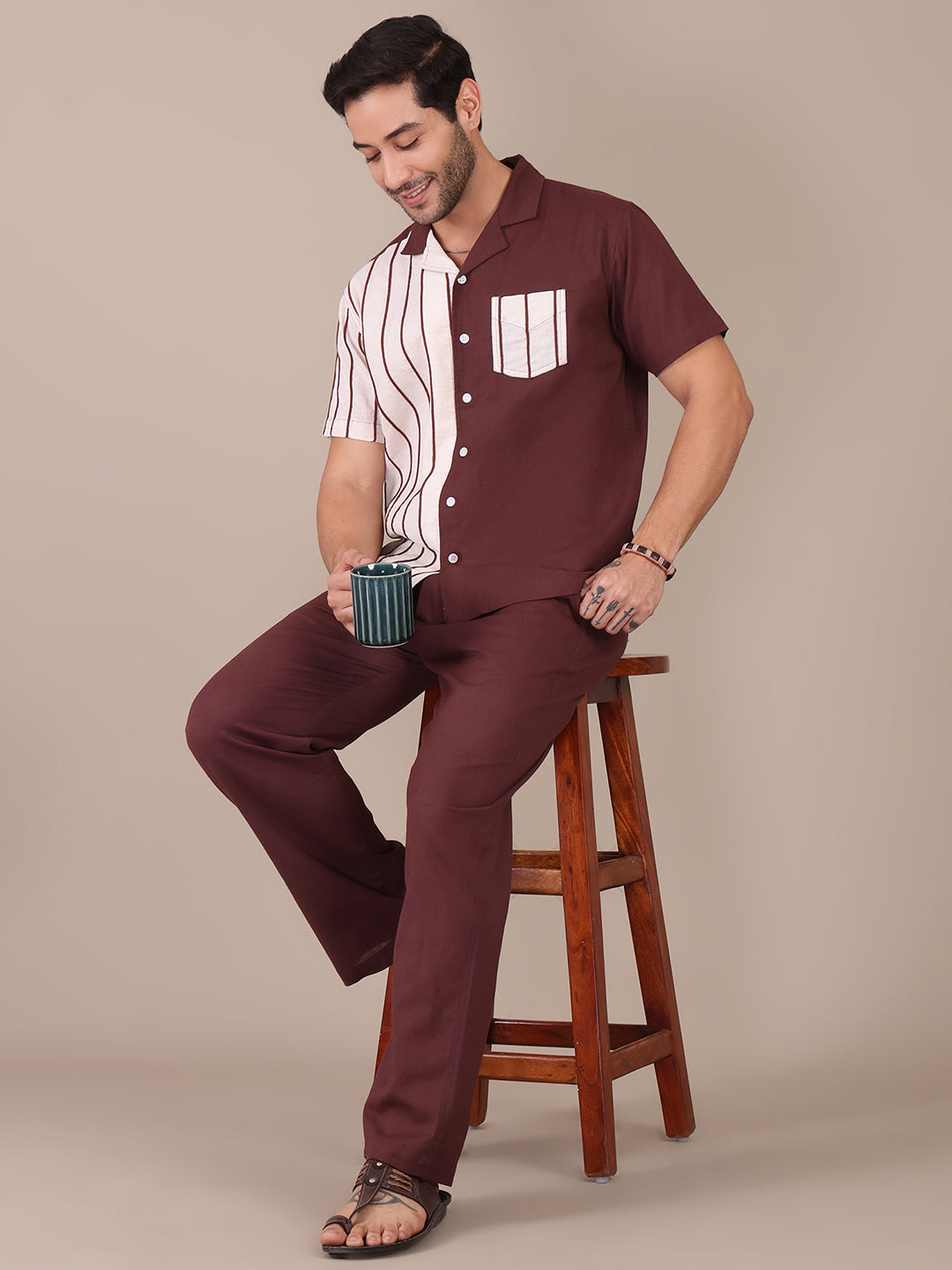 Colour Blocked Pure Cotton Casual Co-ord Set For Men