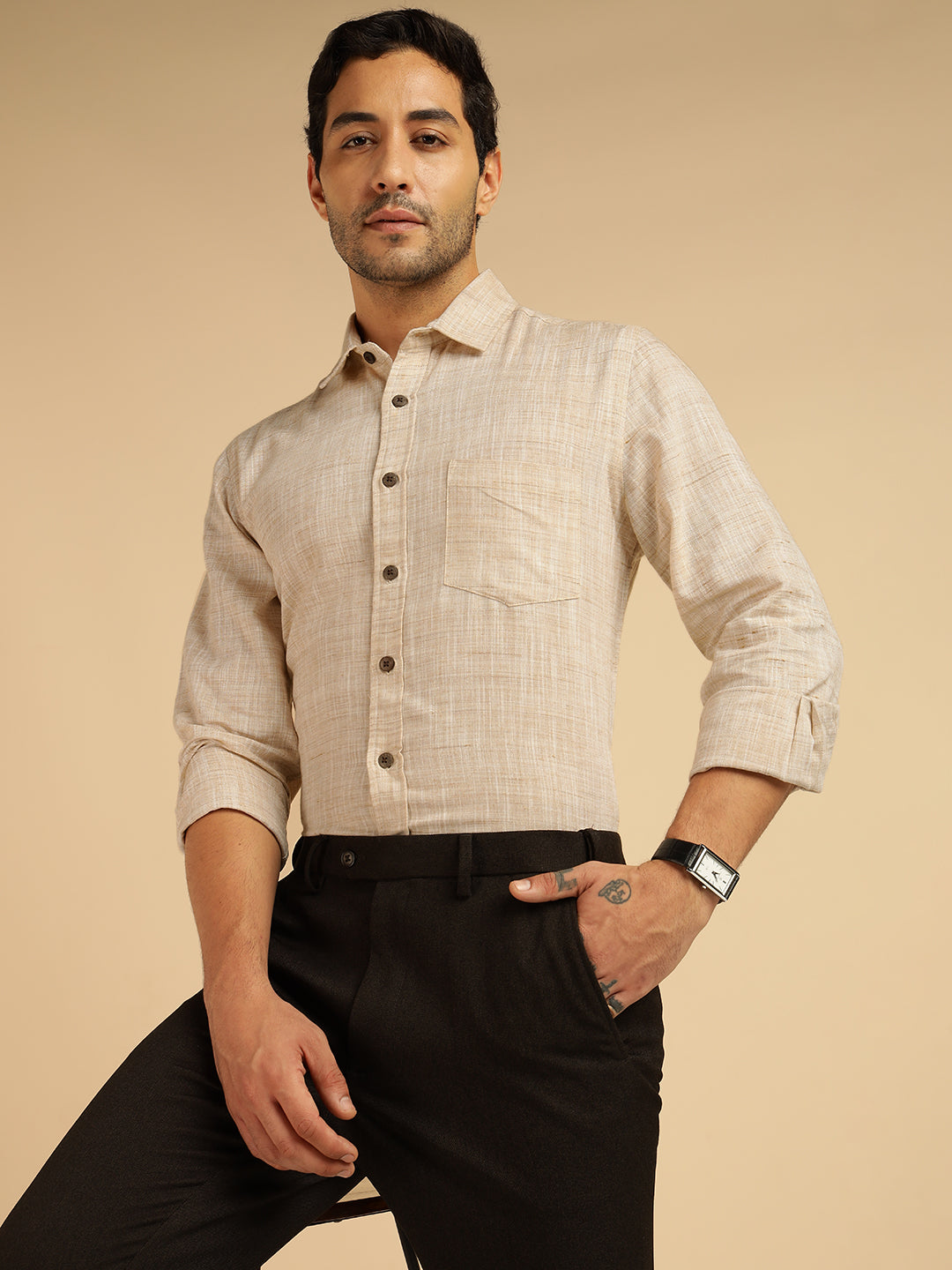 Beige Khadi Pure Cotton Men Formal Shirt