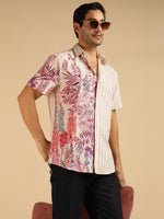 Off White Placement Floral Print With Striped Pure Cotton Men Casual Shirt