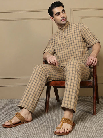 Beige Cotton Kurta With Pant Men Co-ord Set
