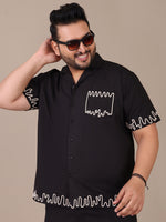 Pure Cotton Black Notch Collared Embroidered Casual Plus Size Shirt For Men